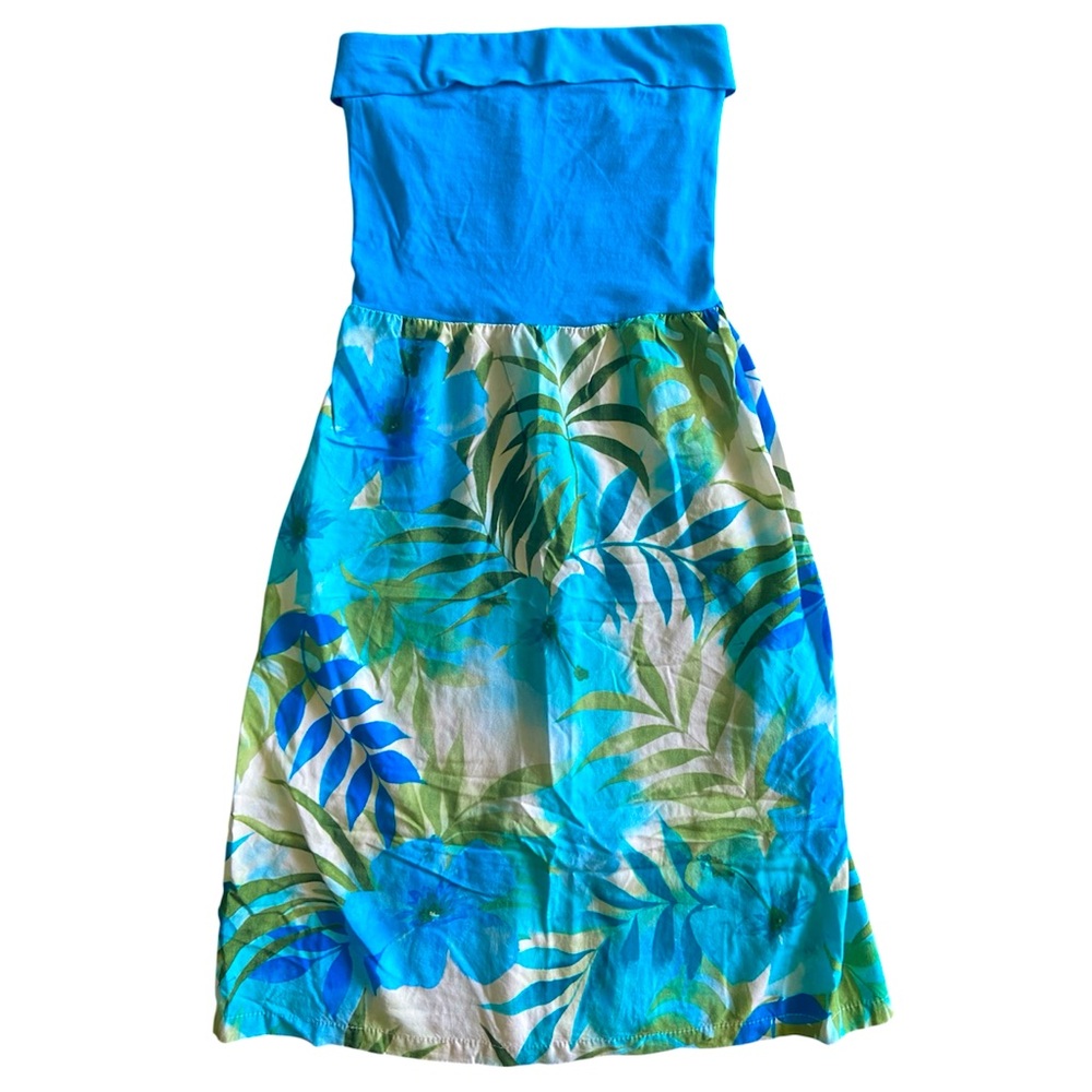 Puanani Vintage Hawaiian Strapless Teal Hibiscus Leaves Vacation Dress Size XS